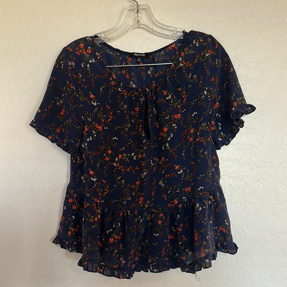 Madewell small women’s tee silk blouse floral multi blue‎ ruffle  whimsical